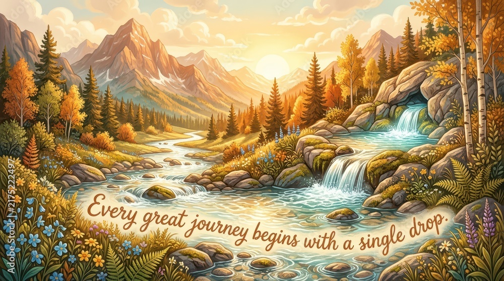 Fototapeta premium Breathtaking Autumn Mountain Landscape with a Cascading Stream and Inspirational Quote, Serene Nature Scene