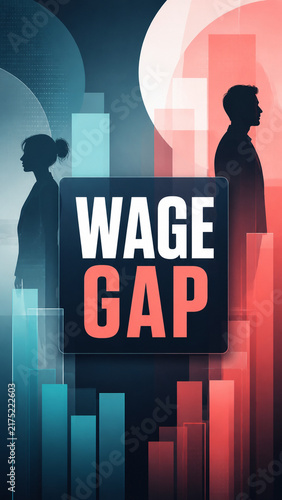 Modern editorial illustration of a wage gap concept, showing male and female silhouettes divided by contrasting blue and coral financial bars.