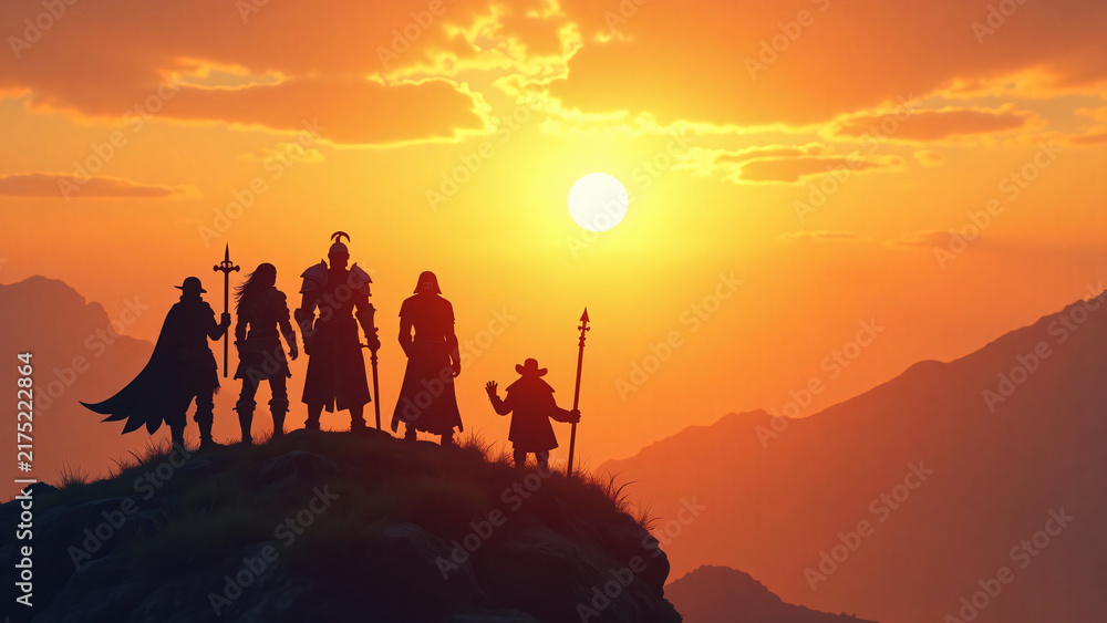 Fototapeta premium Fantasy Adventurers Celebrate Victory at Golden Sunrise