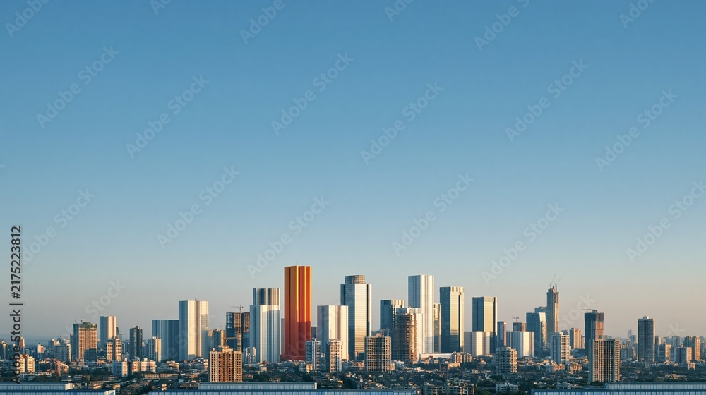 Obraz premium Aerial view of a dense high-rise skyline in Mumbai, featuring warm sunrise light over concrete and glass towers for finance and development campaigns