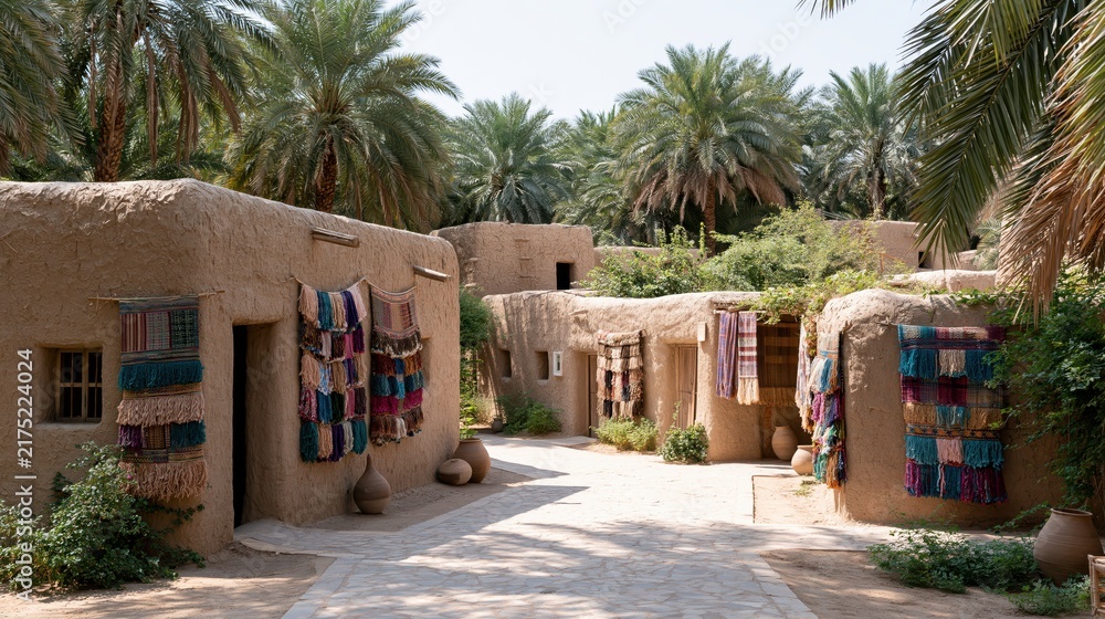 Obraz premium Traditional mud brick village with woven textiles displayed under palm trees during daylight