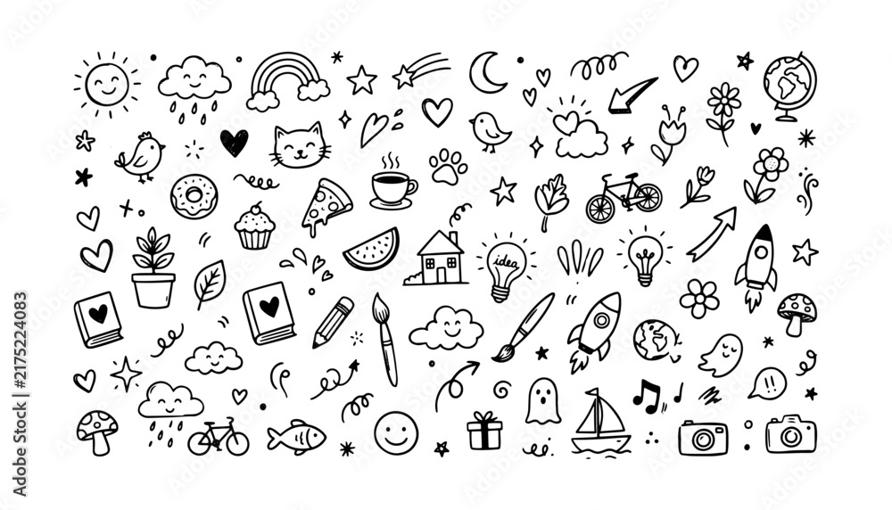 Fototapeta premium Hand Drawn Cute Doodle Icon Set Collection with Nature Food Animals and Travel Elements on White Background