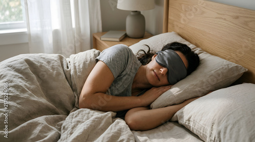 Woman sleeping in bed with eye mask