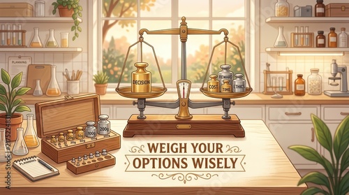 A vintage laboratory setting with a balanced scale weighing decision and consequence, symbolizing careful consideration and choice.