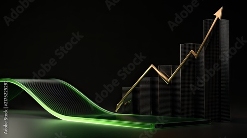 Abstract upward trending graph with golden arrow and glowing green wavy line