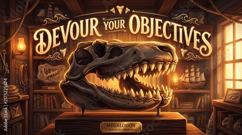 A vintage study filled with nautical and prehistoric artifacts, featuring a large megalodon skull and the text 'Devour Your Objectives'