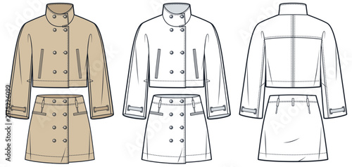 Cropped Double-Breasted Utility Jacket and Skirt Set Fashion Flat Technical Drawing Template, camel and outline, front and back views. Skirt Suit CAD Mockup