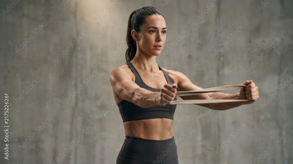 Fototapeta premium Fit woman exercising with resistance band