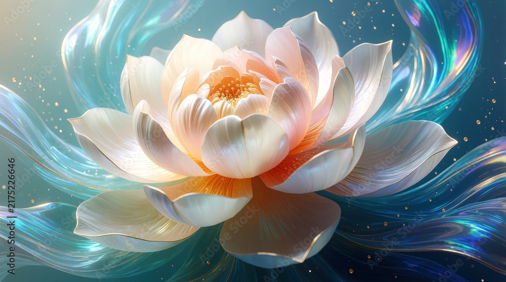 Obraz premium Elegant lotus flower with layered petals unfolds. Swirling, iridescent liquid ribbons drift around bloom. Golden specks float in soft blue background. Serene beauty.