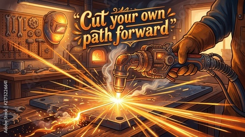 A welder in a workshop creates sparks and light while forging metal, with inspiring text 