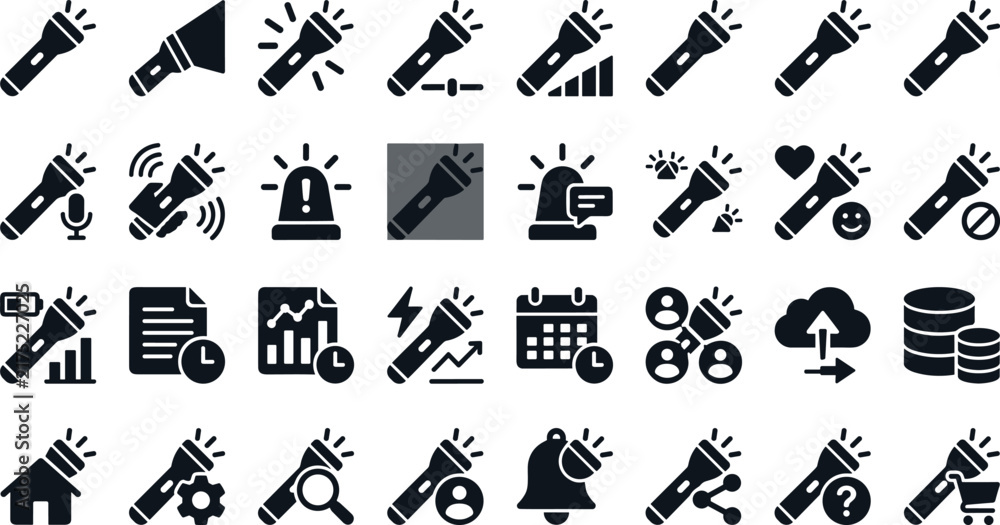 Fototapeta premium Flashlight Torch and Emergency Siren Icon Set with Light Beam Adjustment Battery Levels Document History Data Upload and Mobile Application Interface UI Flat Silhouette Symbols