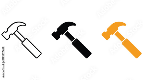 Foto Three variations of a hammer including a black outline, a solid black silhouette