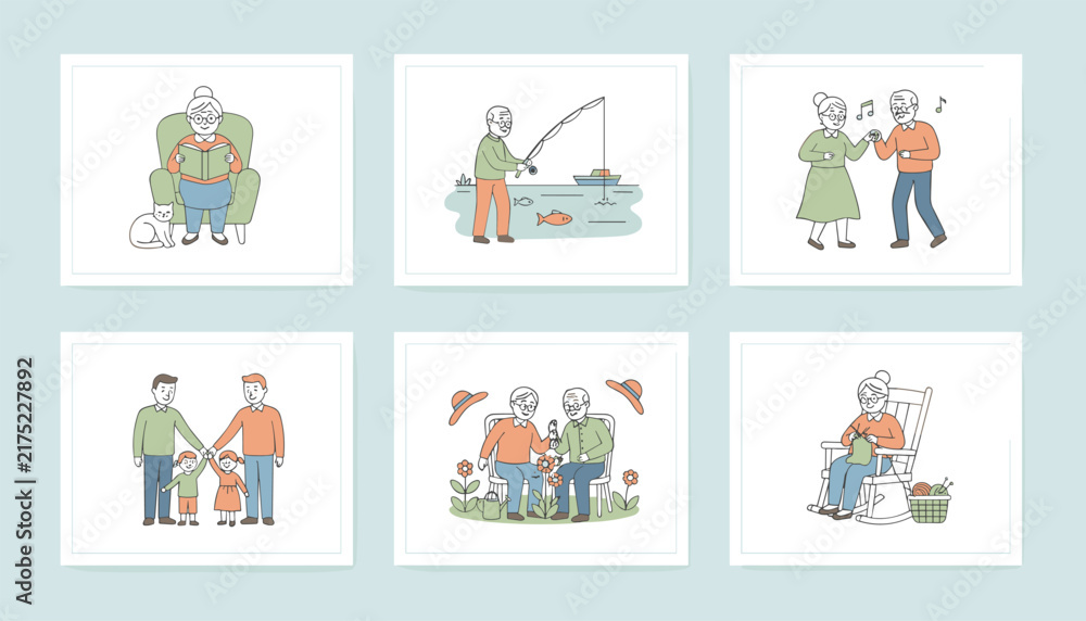 Fototapeta premium Collage of six lovely cartoon scenes depicting active seniors enjoying hobbies like fishing, dancing, and gardening.