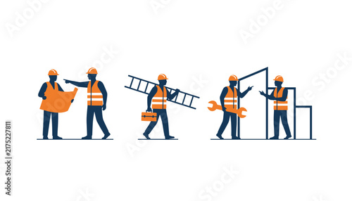 Silhouettes of professional construction workers wearing orange safety vests and helmets engaged in site operations.