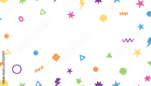 Seamless playful pattern of hand drawn colorful geometric shapes and symbols scattered over a white background.