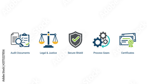 Business and legal standard icons portraying audit documents, justice scales, secure shield, process gears, and certificates.