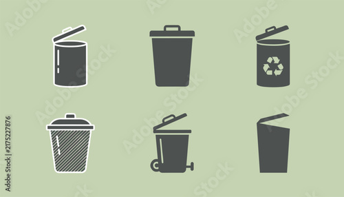 Six flat vector trash bin icons with various lid and recycling designs displayed on a soft sage green background.