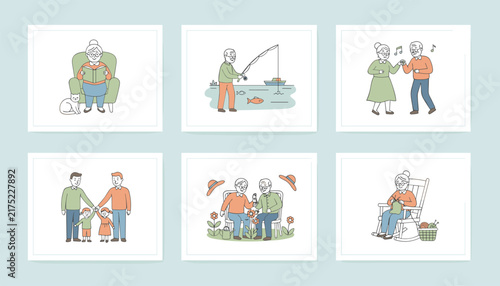 Collage of six lovely cartoon scenes depicting active seniors enjoying hobbies like fishing, dancing, and gardening.