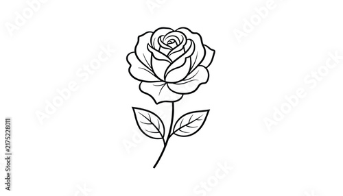 Elegant and simple black line drawing of a beautiful blooming rose flower with a stem and leaves on a white background.