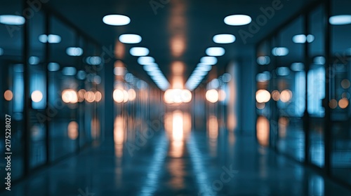 Illuminated hallway with reflective floor and blurred lights ahead