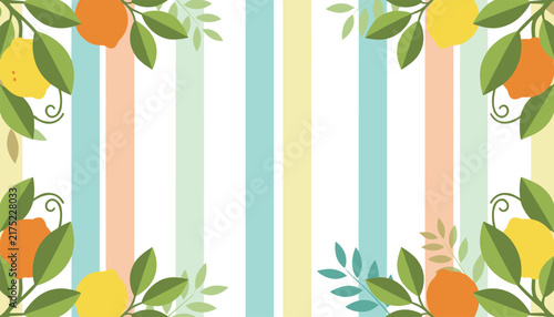 Bright summer background featuring vertical colored stripes decorated with fresh lemons and oranges on leafy branches.