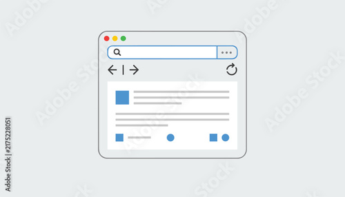 Modern flat graphic icon of a web browser window displaying a search engine and simplified website page structure.