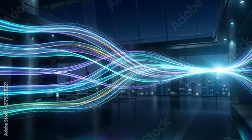 Glowing fiber optic data streams flowing through a futuristic digital city