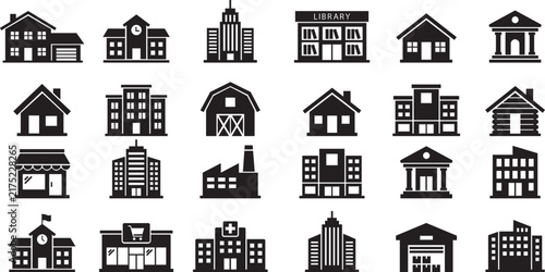 Building architecture set, collection and group of house, home, school, library, bank, factory, hospital and commercial property icons in black flat line style isolated on transparent background