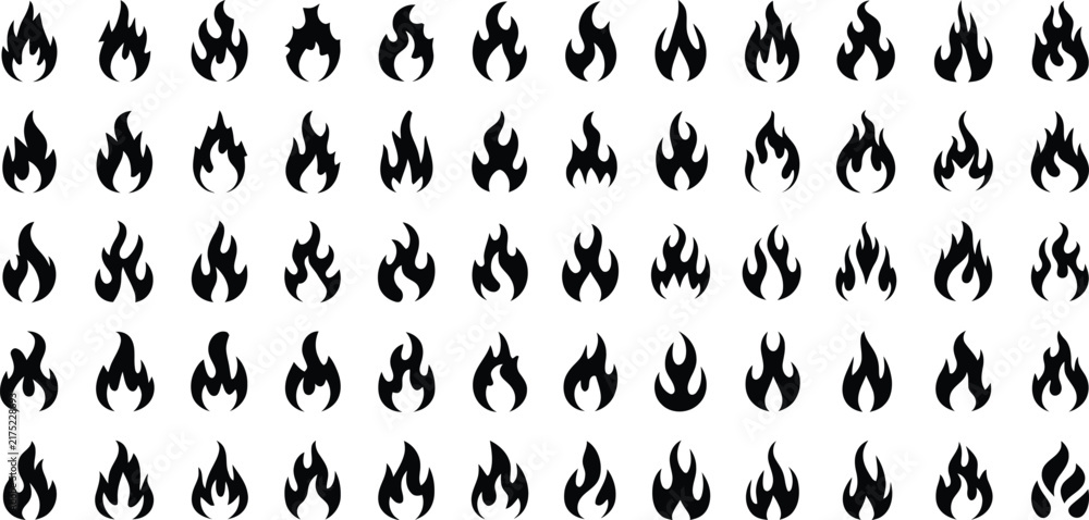 Obraz premium A large collection of various fire flame featuring diverse shapes and sizes of black silhouettes, isolated on a white background, set