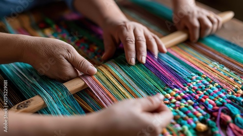 Hands weaving colorful threads on a loom during daylight with shallow depth of field for textile design concept