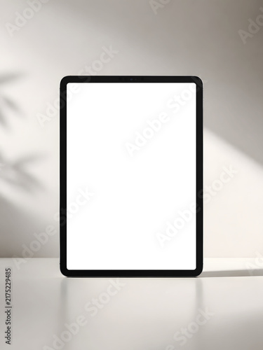 Blank Tablet Screen Mockup Standing on Minimal Desk with Soft Natural Light