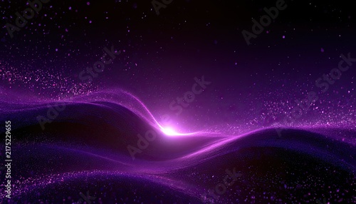 A luminous purple wave of particles flows across a dark, starry cosmic void background