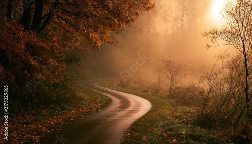 A winding path leads through a misty forest with golden sunlight in the autumn
