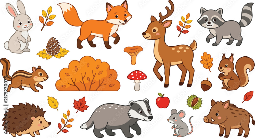Obraz premium Cute cartoon forest animals vector illustration set featuring friendly autumn woodland characters fox deer badger raccoon hedgehog and seasonal fall leaves