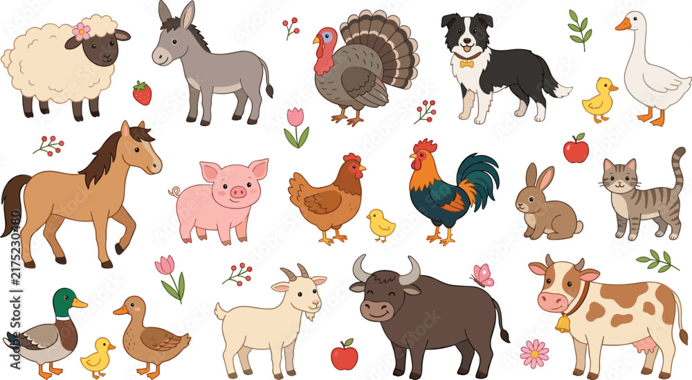 Obraz premium Cute cartoon farm animals vector illustration collection featuring friendly cow horse pig sheep goat donkey dog cat and poultry domestic characters