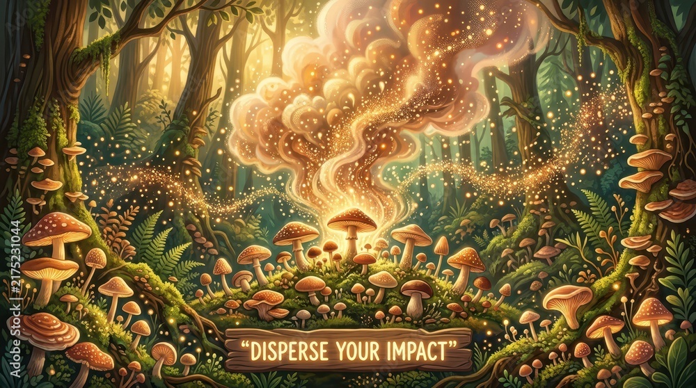 Fototapeta premium Enchanted forest with a magical mushroom circle emitting sparkling golden spores and wisps of light, mystical fantasy scene