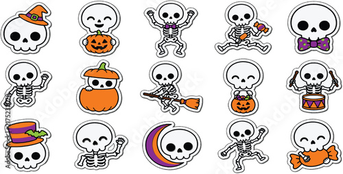 Cute skeleton characters with Halloween icons in a playful vector illustration style