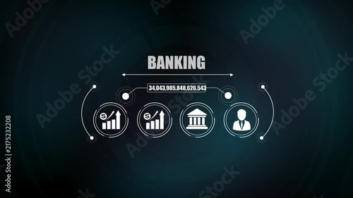 Corporate banking concept featuring financial growth chart icon, innovation light bulb, bank building graphic, and professional executive.