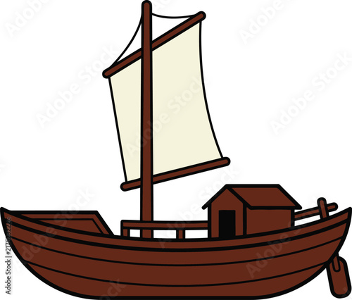 Traditional wooden sailboat illustration with a single mast and small cabin.