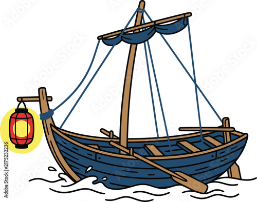 Traditional wooden sailboat illustration with a glowing lantern and oar on the water.