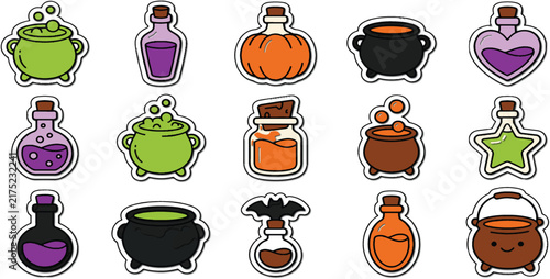 Halloween Potion Bottles and Cauldrons with Bubbles during spooky night Vector Illustration