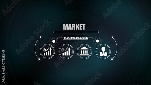 Business market animation featuring financial growth chart icon, creative idea light bulb, banking institution, and corporate executive.