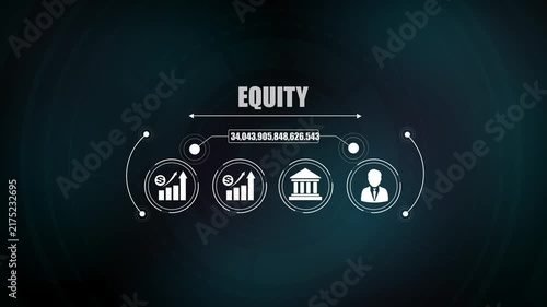 Business equity investment concept showing financial growth chart icon, idea light bulb symbol, bank building graphic, corporate investor icon.