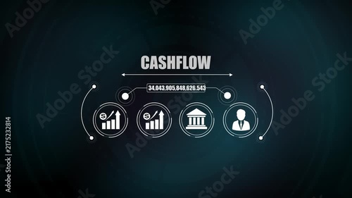 Corporate cashflow management concept showing financial growth chart icon, business idea light bulb symbol, bank building graphic, investor profile.