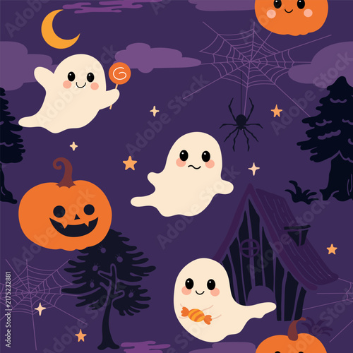 Seamless Halloween Pattern with Spooky Elements and Cute Halloween Decorations