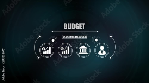 Business budget planning concept showing financial growth chart icon, bright idea light bulb symbol, bank building graphic, corporate investor icon.