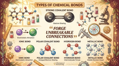 Comprehensive infographic illustrating the different types of chemical bonds with diagrams and explanations, including ionic, covalent, and metallic b