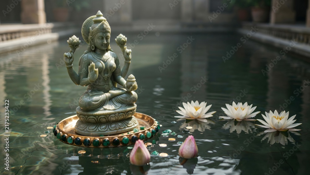 Obraz premium Serene Water Scene with a Goddess Statue Surrounded by Lotuses