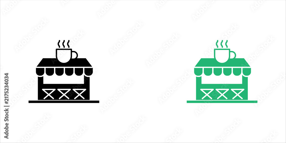 Obraz premium Minimalist black outline icon of a small coffee shop or cafe stall with a steaming cup, striped awning, counter, and stools, representing cafes, coffee businesses, street food shops, and beverage serv