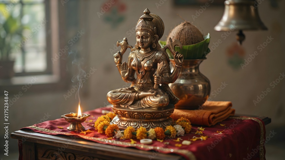 Obraz premium Serene Hindu Goddess Statue Surrounded by Ritual Elements and Decor